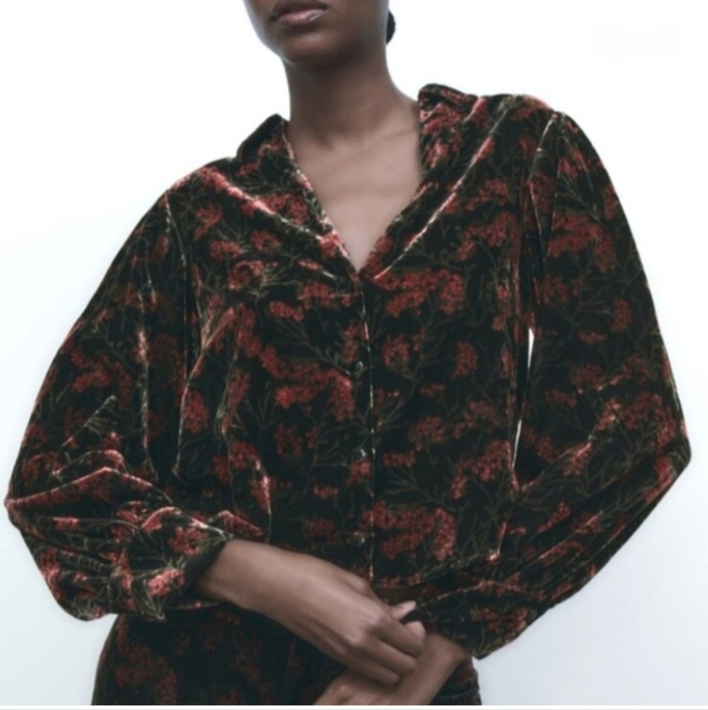 Zara Velvet Floral Charlotte Black Whimsigoth Puff Sleeve Blouse  Size XL